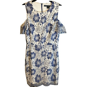 French Connection White Blue Lace Cold Shoulder Floral Midi Dress‎ Size 4